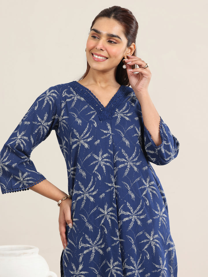 Blue Printed Cotton Straight Kurta Set
