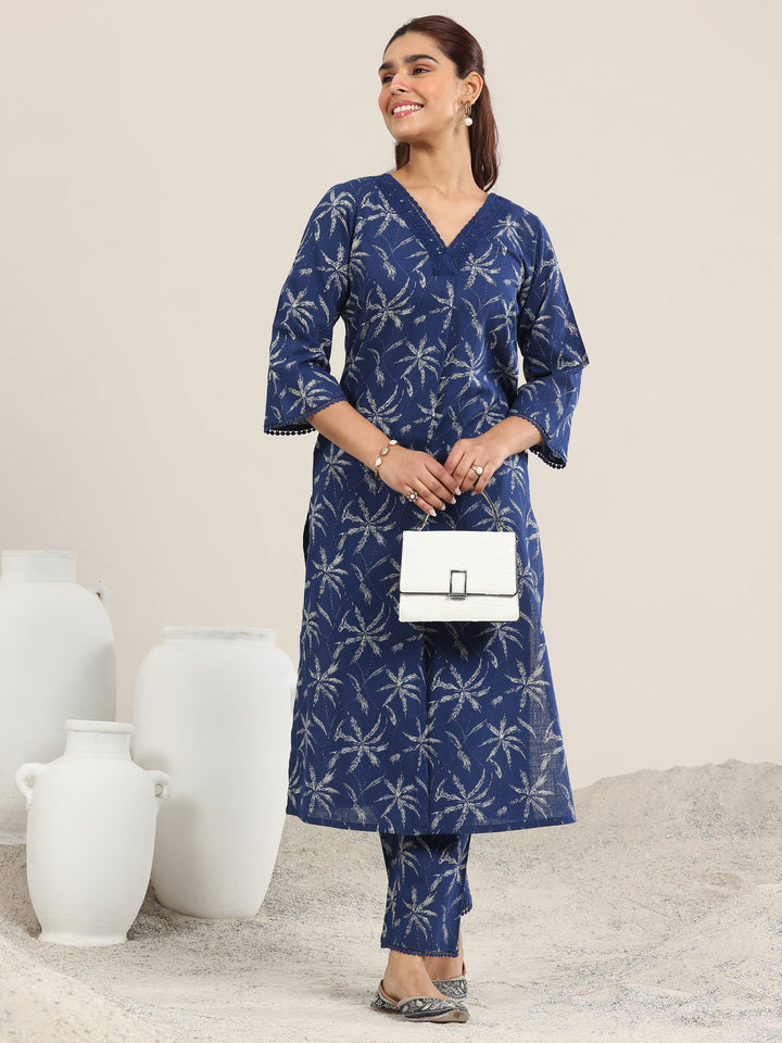 Blue Printed Cotton Straight Kurta Set