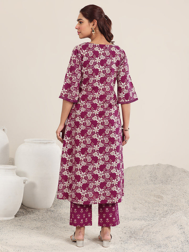 Maroon Printed Cotton A-Line Kurta Set