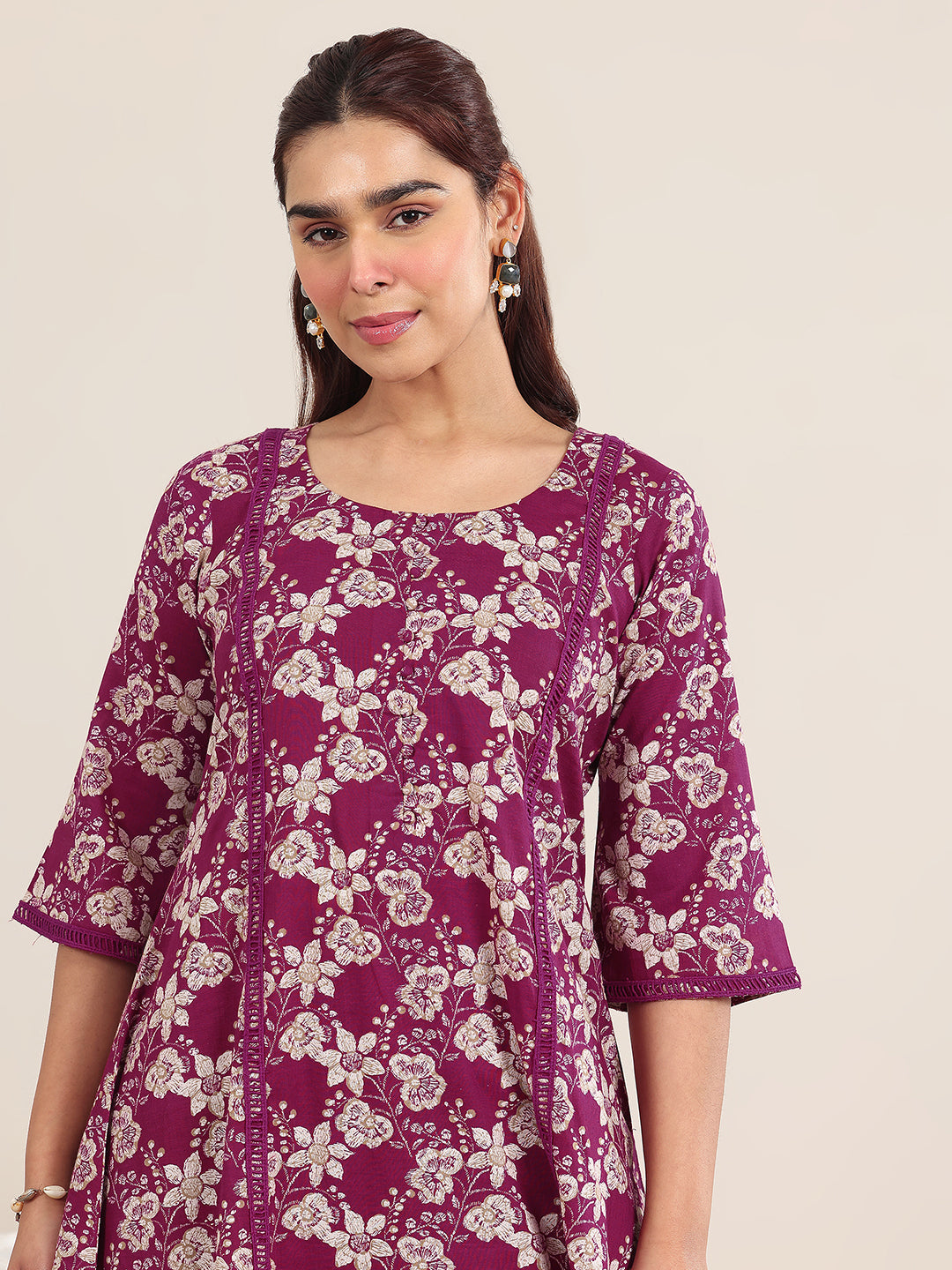 Maroon Printed Cotton A-Line Kurta Set