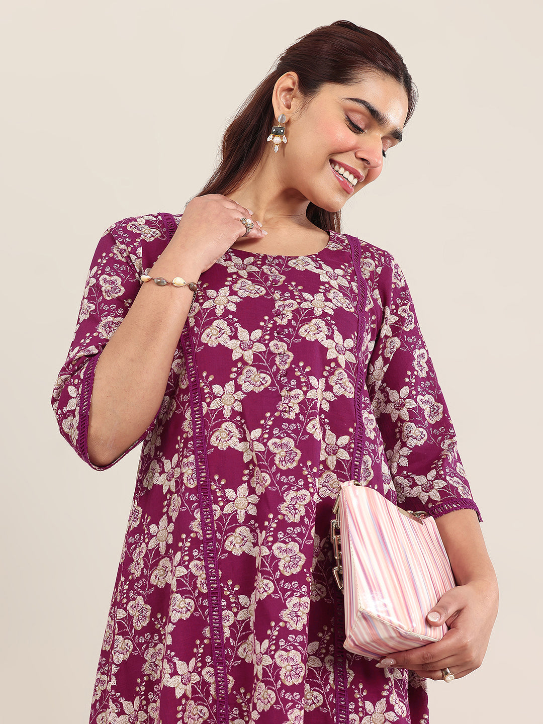 Maroon Printed Cotton A-Line Kurta Set