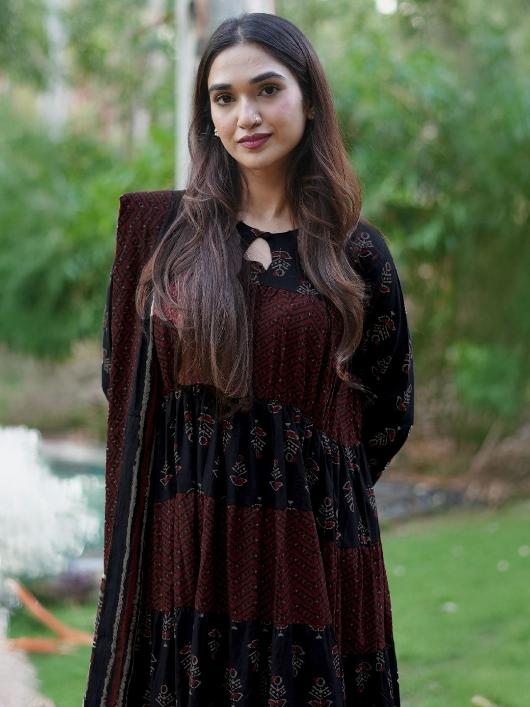 Black Printed Cotton Anarkali Suit Set With Dupatta