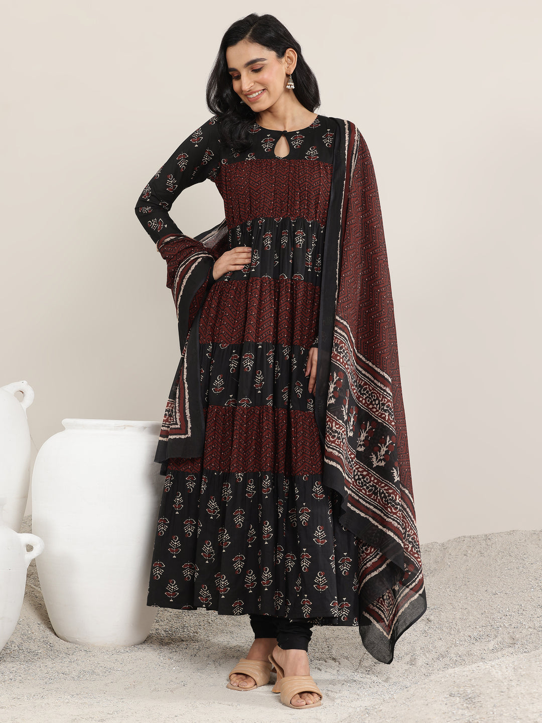 Black Printed Cotton Anarkali Suit Set With Dupatta