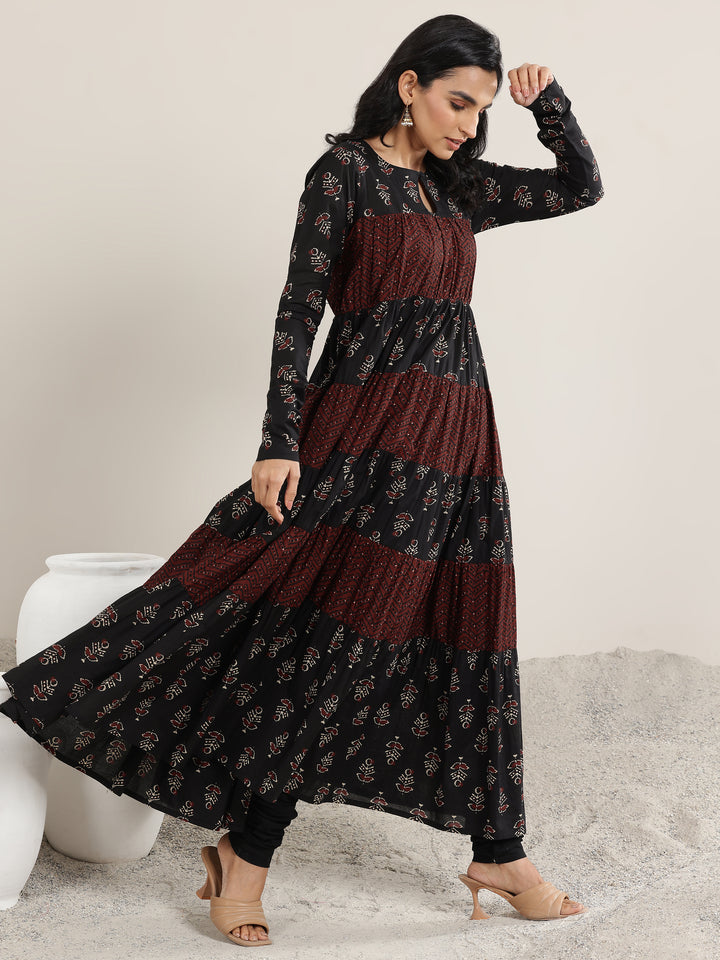 Black Printed Cotton Anarkali Suit Set With Dupatta