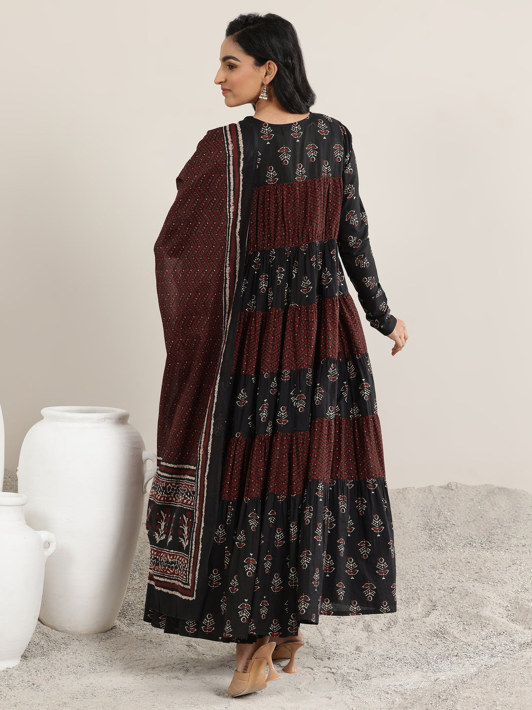 Black Printed Cotton Anarkali Suit Set With Dupatta