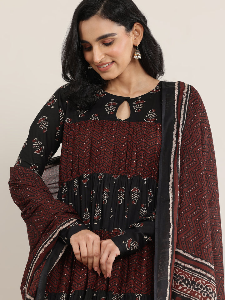 Black Printed Cotton Anarkali Suit Set With Dupatta