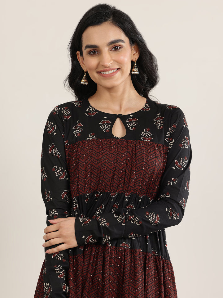 Black Printed Cotton Anarkali Suit Set With Dupatta