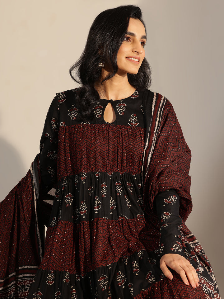 Black Printed Cotton Anarkali Suit Set With Dupatta