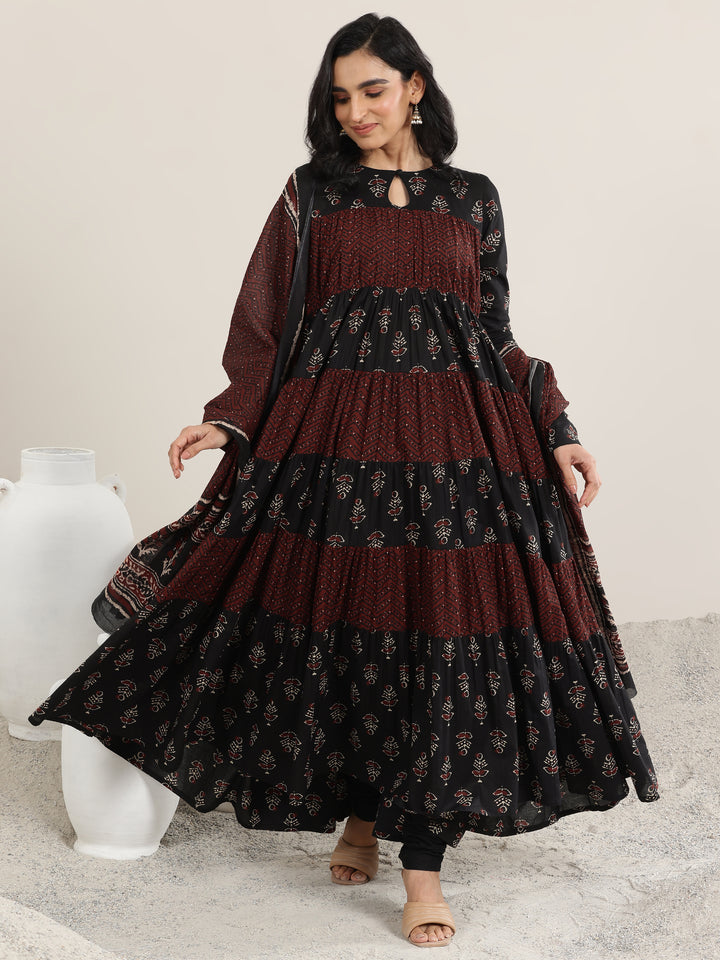 Black Printed Cotton Anarkali Suit Set With Dupatta