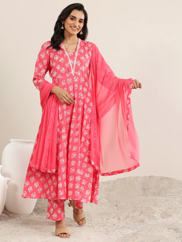 Peach Printed Cotton Anarkali Suit Set With Dupatta