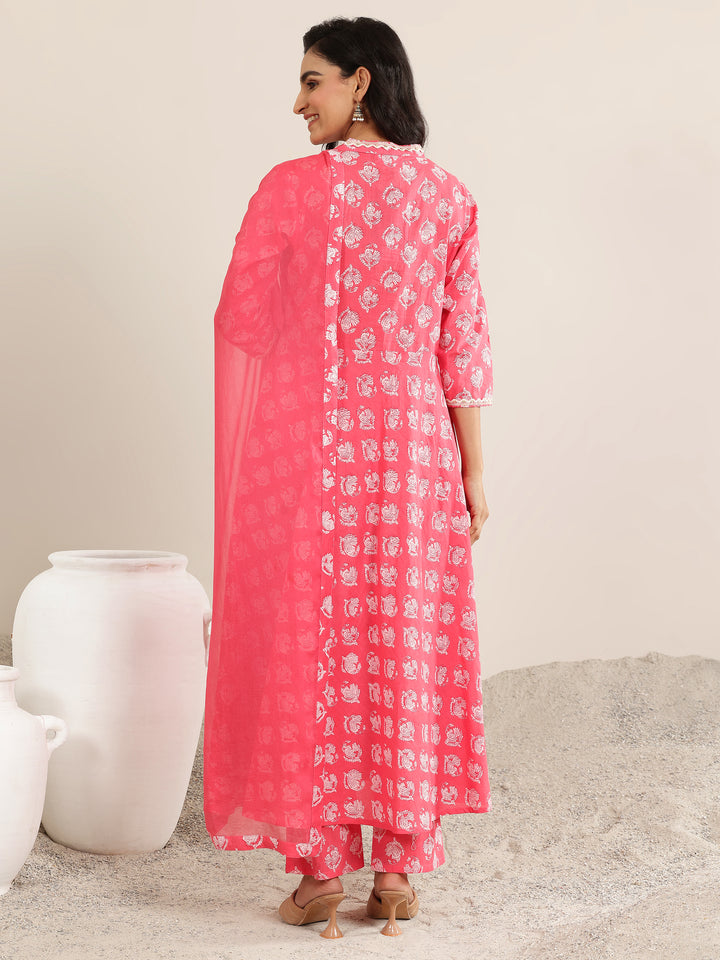 Peach Printed Cotton Anarkali Suit With Dupatta