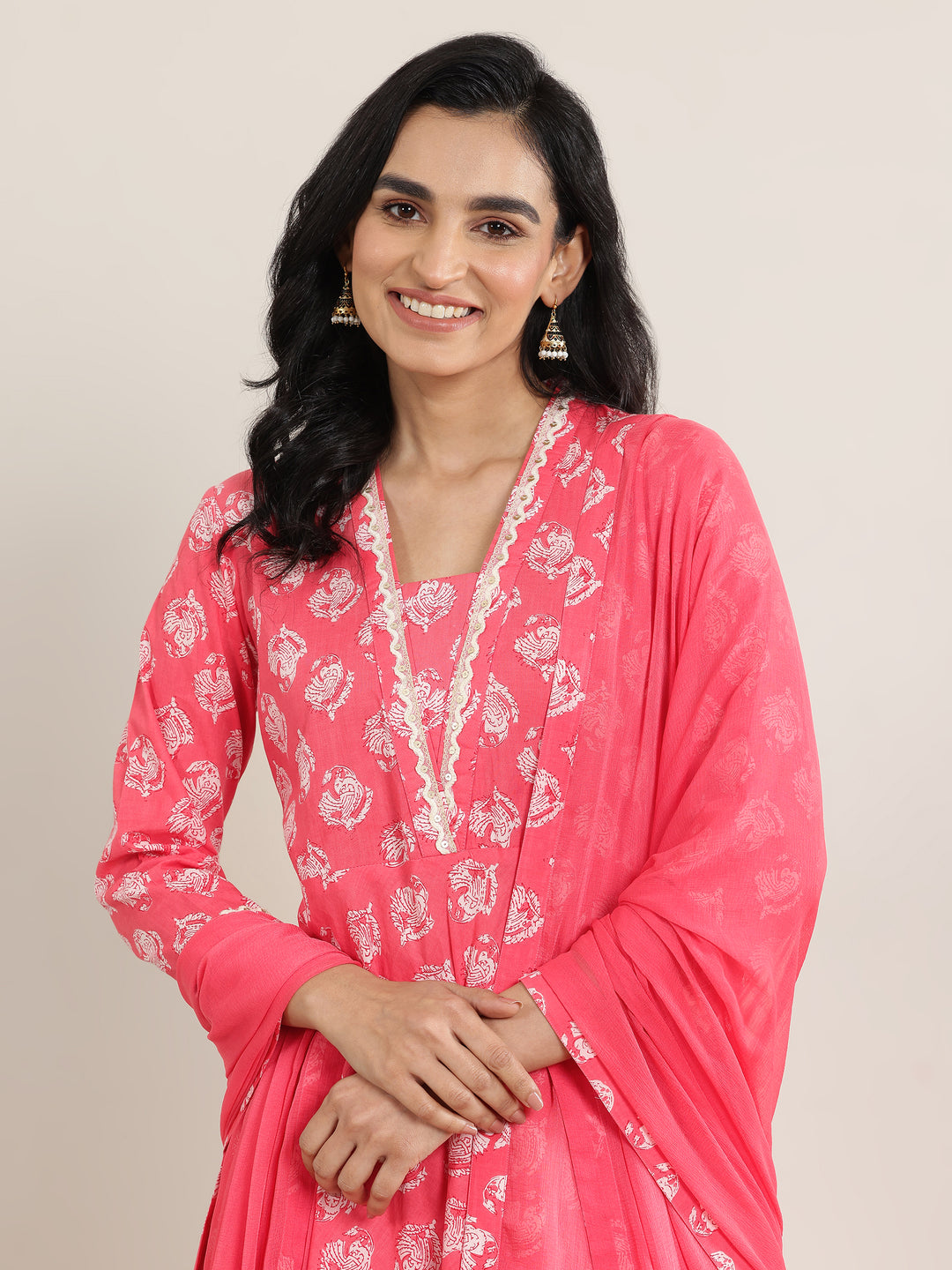 Peach Printed Cotton Anarkali Suit Set With Dupatta