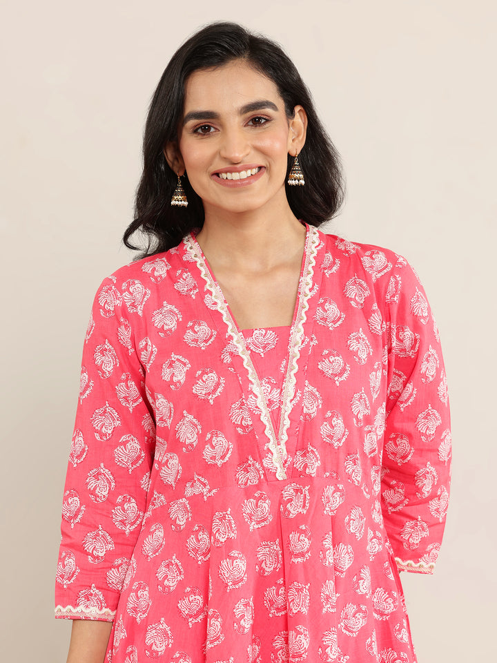 Peach Printed Cotton Anarkali Suit With Dupatta
