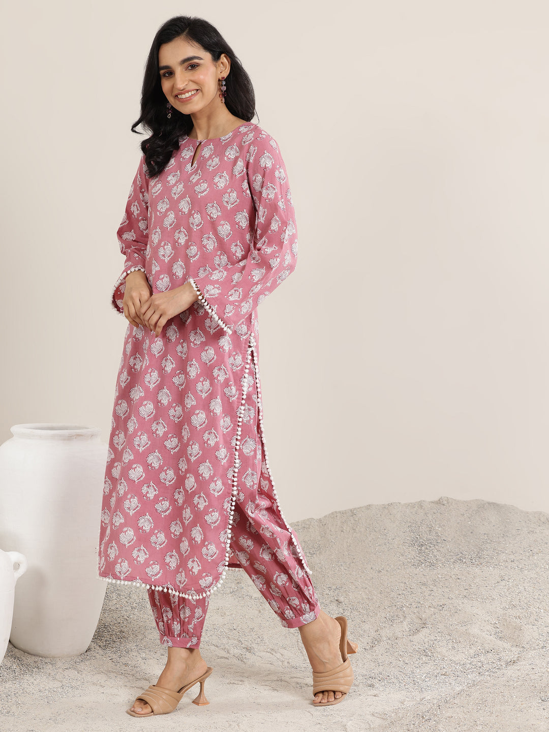 Peach Printed Cotton Straight Kurta Set
