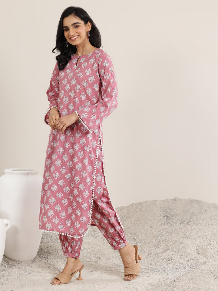 Peach Printed Cotton Straight Kurta Set
