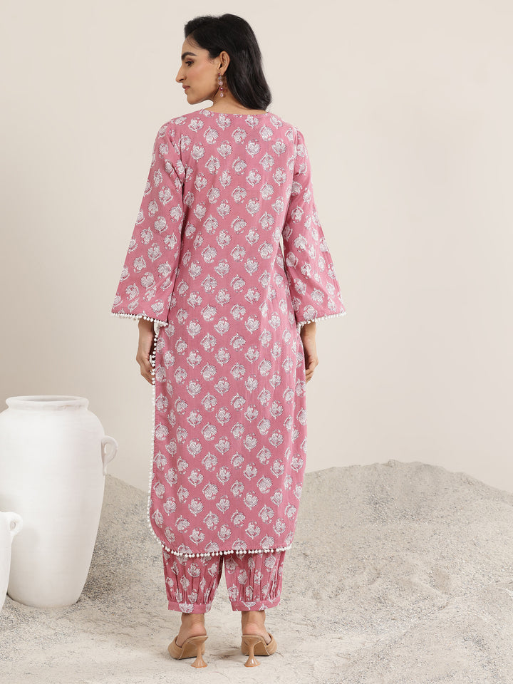 Peach Printed Cotton Straight Kurta Set