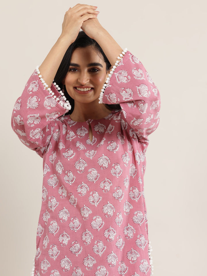 Peach Printed Cotton Straight Kurta Set