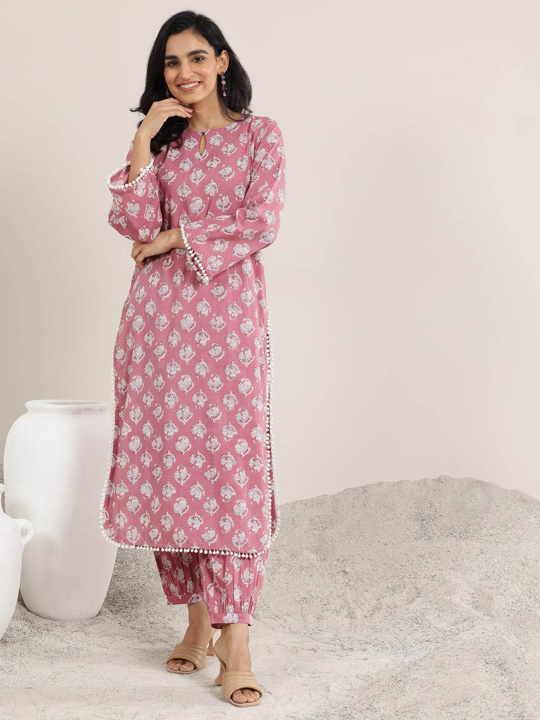 Peach Printed Cotton Straight Kurta Set