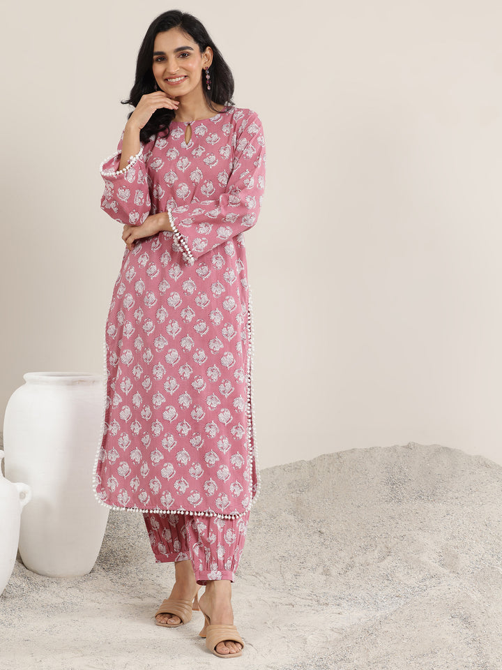 Peach Printed Cotton Straight Kurta Set