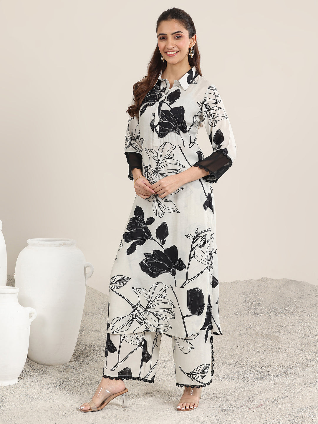Off White Printed Rayon Straight Kurta Set