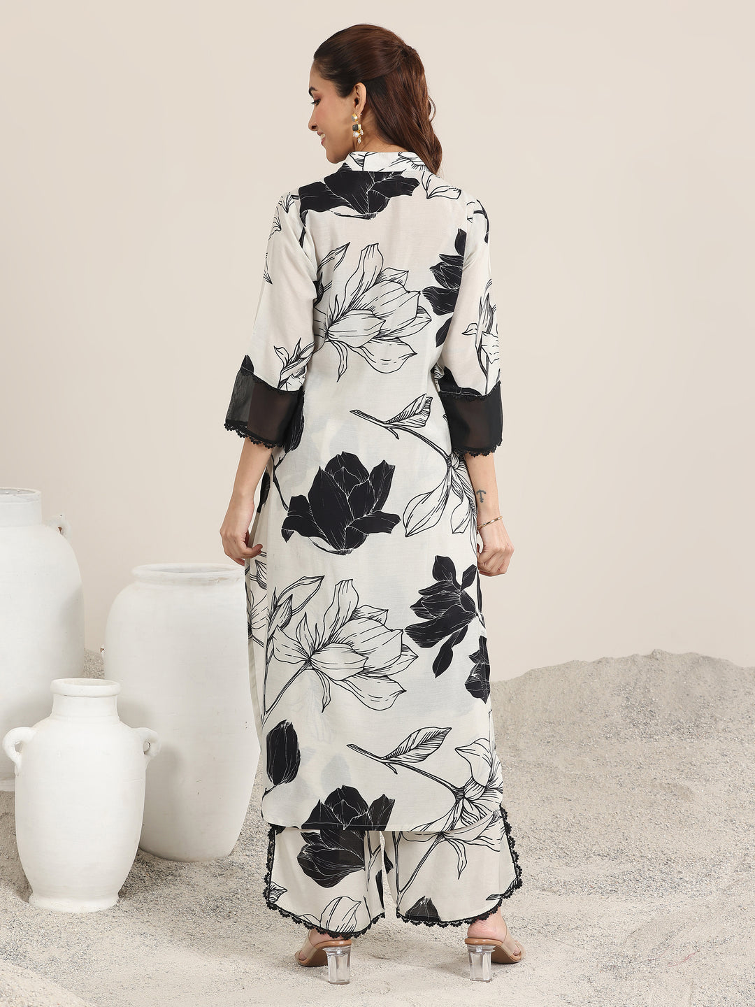 Off White Printed Rayon Straight Kurta Set