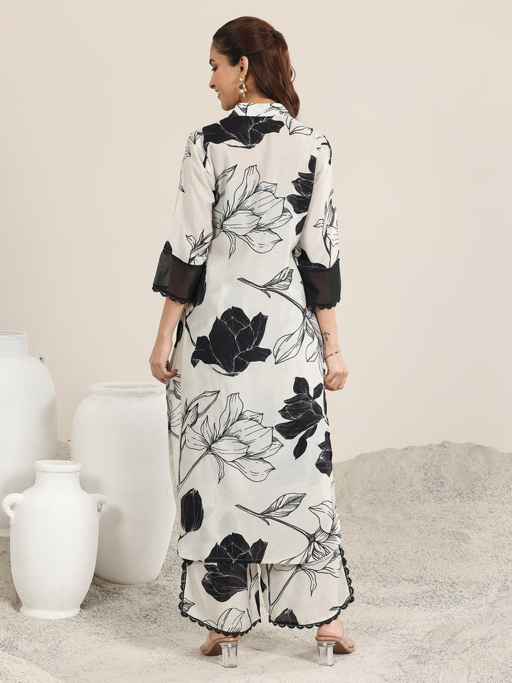 Off White Printed Rayon Straight Kurta Set