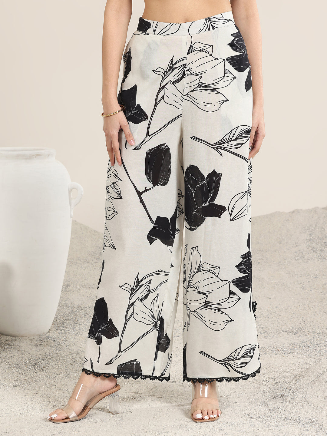 Off White Printed Rayon Straight Kurta Set