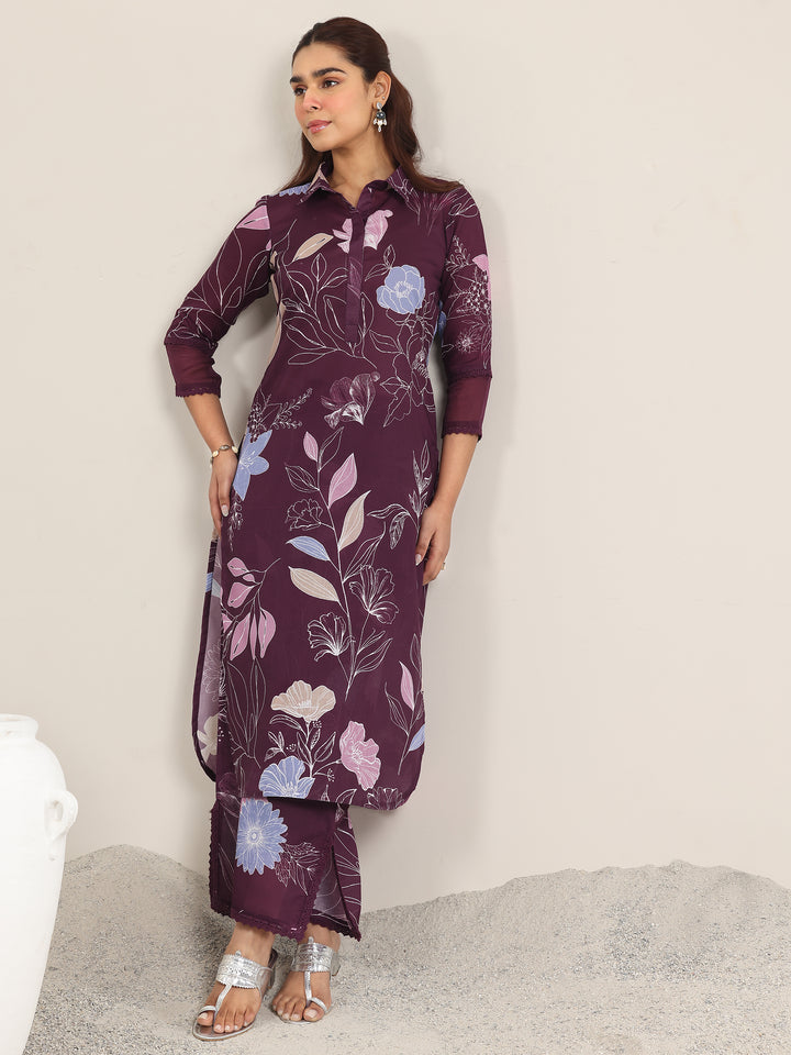 Wine Printed Rayon Straight Kurta Set