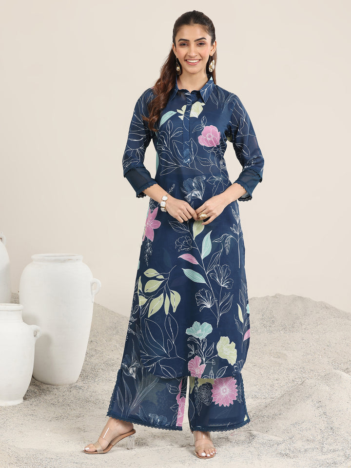 Blue Printed Rayon Straight Kurta Set