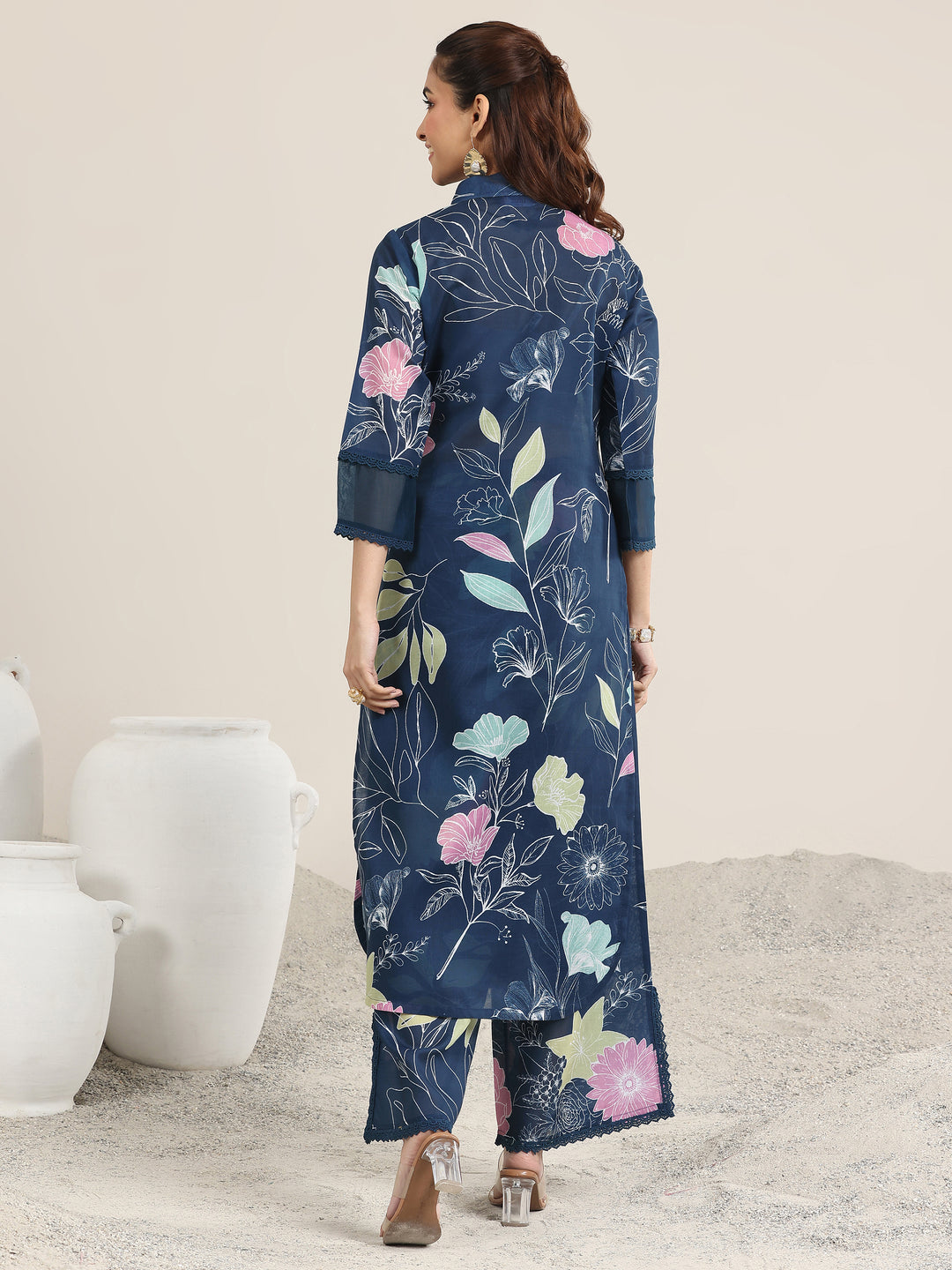 Blue Printed Rayon Straight Kurta Set
