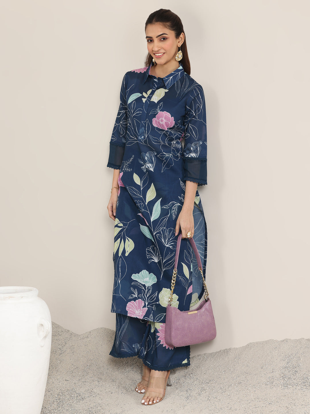 Blue Printed Rayon Straight Kurta Set