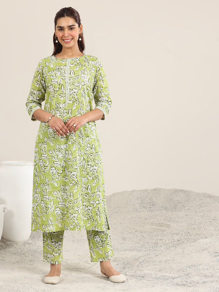 Green Printed Cotton Straight Kurta Set
