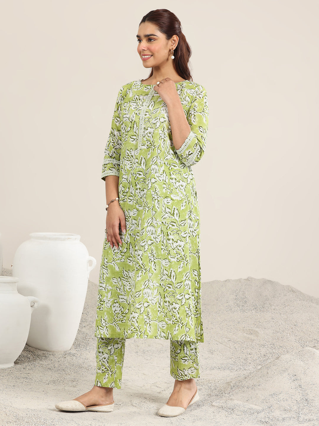 Green Printed Cotton Straight Kurta Set