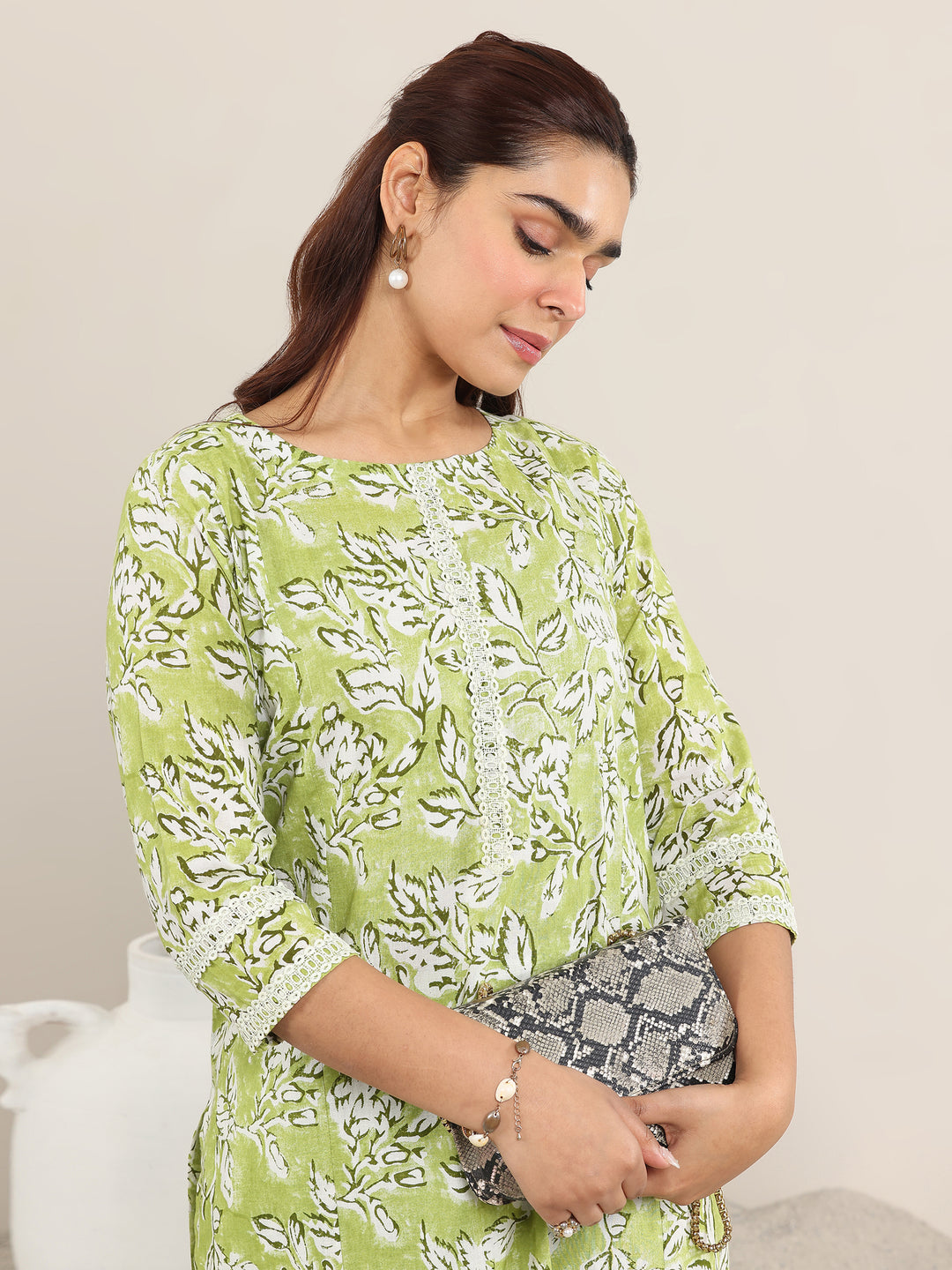 Green Printed Cotton Straight Kurta Set