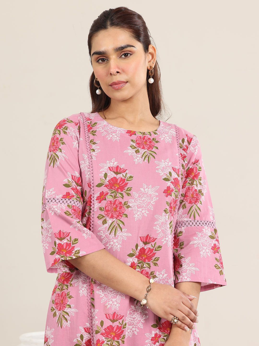 Pink Printed Cotton A-line Kurta Set