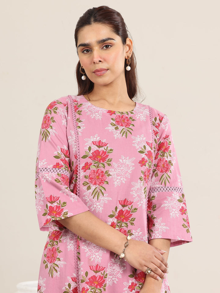 Pink Printed Cotton A-line Kurta Set