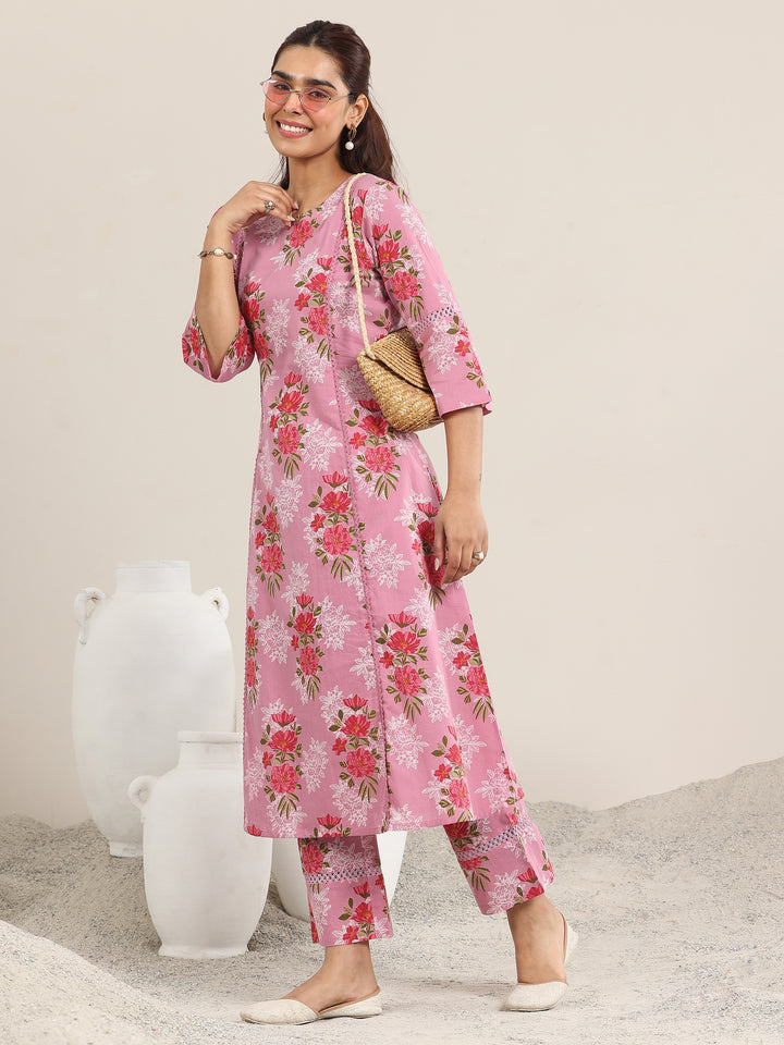 Pink Printed Cotton A-line Kurta Set