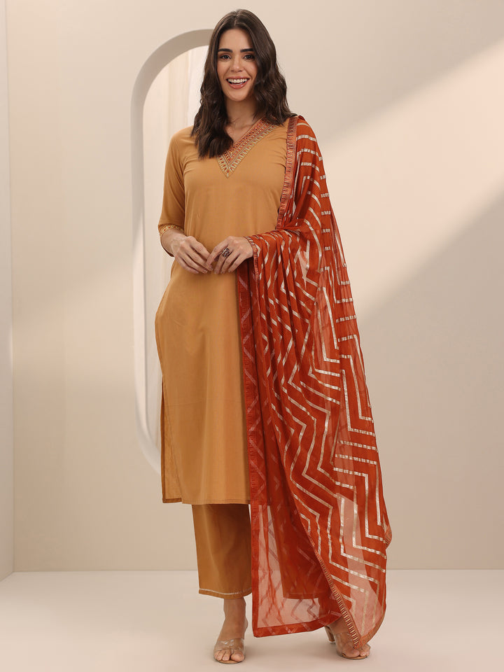 Beige Yoke Design Cotton Straight Suit Set With Dupatta