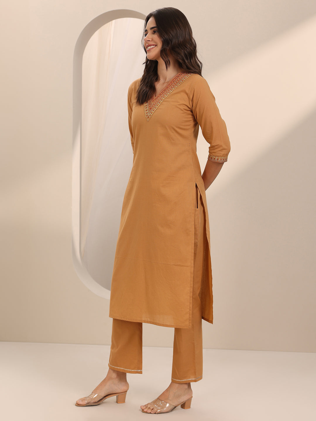 Beige Yoke Design Cotton Straight Suit Set With Dupatta