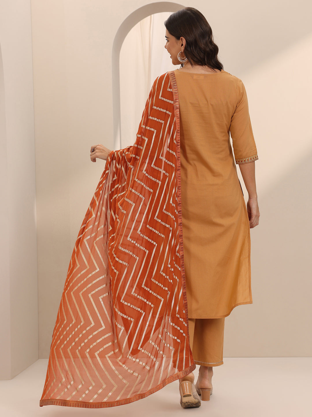 Beige Yoke Design Cotton Straight Suit Set With Dupatta