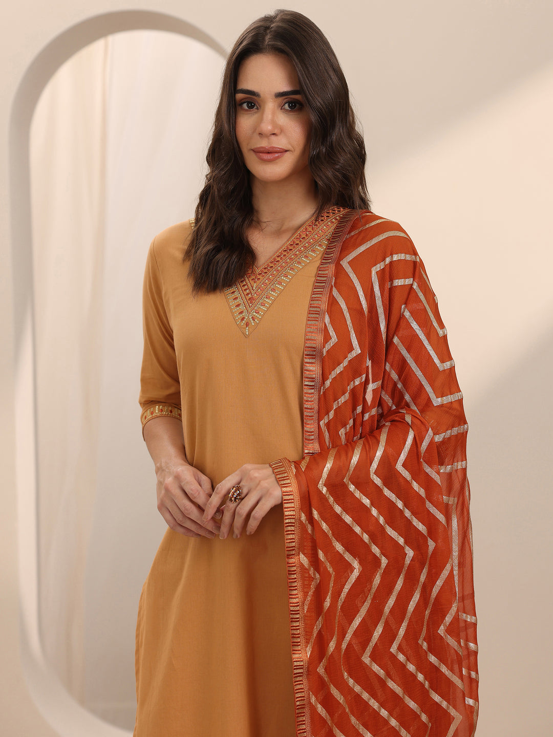 Beige Yoke Design Cotton Straight Suit Set With Dupatta