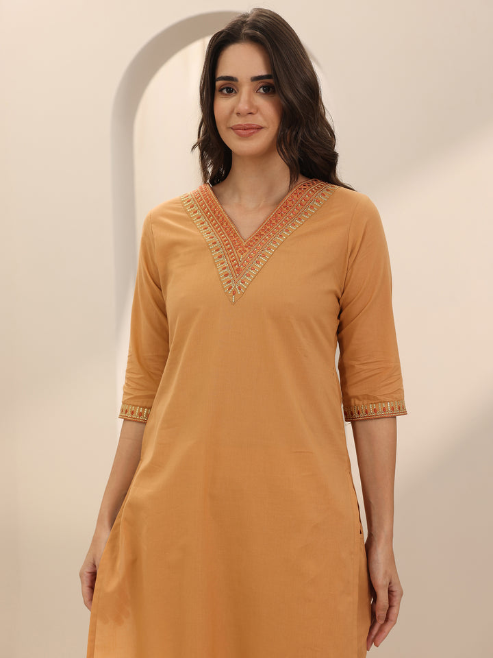 Beige Yoke Design Cotton Straight Suit Set With Dupatta