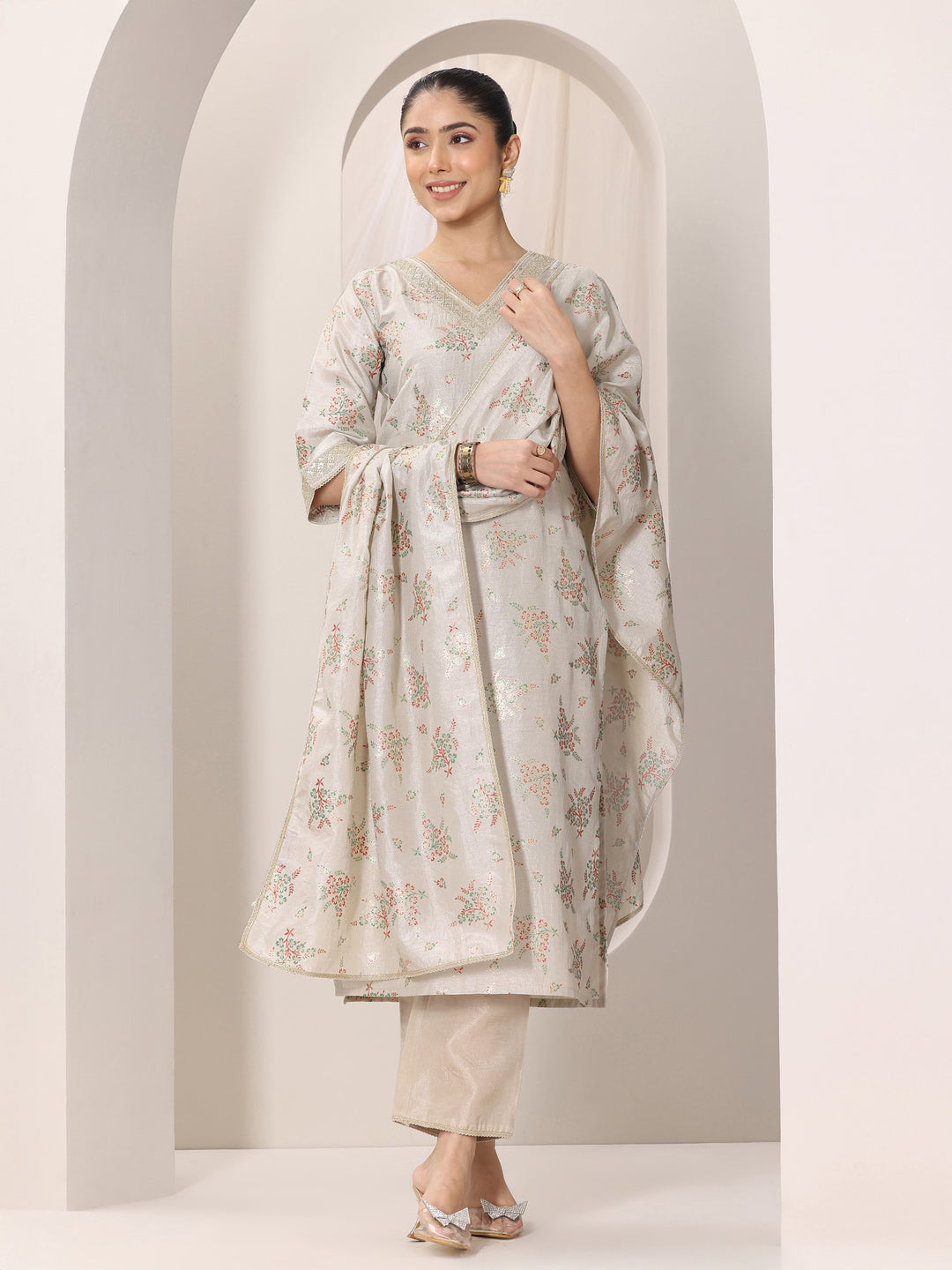 Grey Woven Design Silk Blend Straight Suit Set With Dupatta