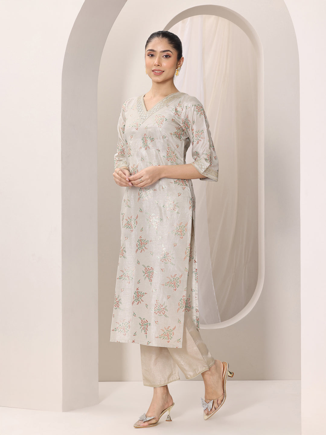 Grey Woven Design Silk Blend Straight Suit Set With Dupatta
