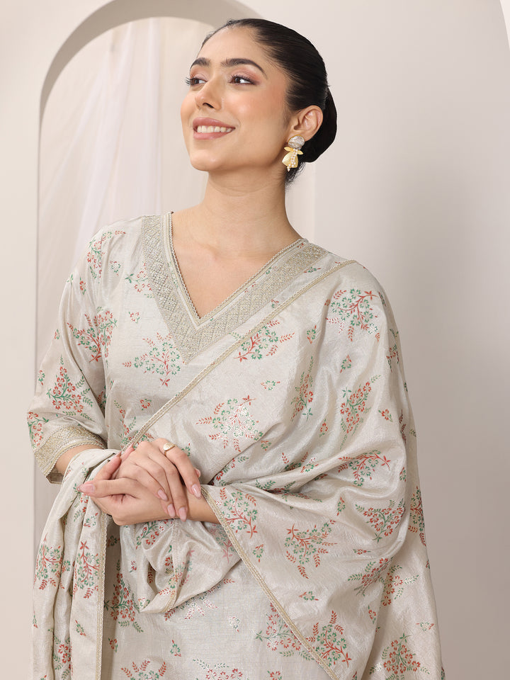 Grey Woven Design Silk Blend Straight Suit Set With Dupatta