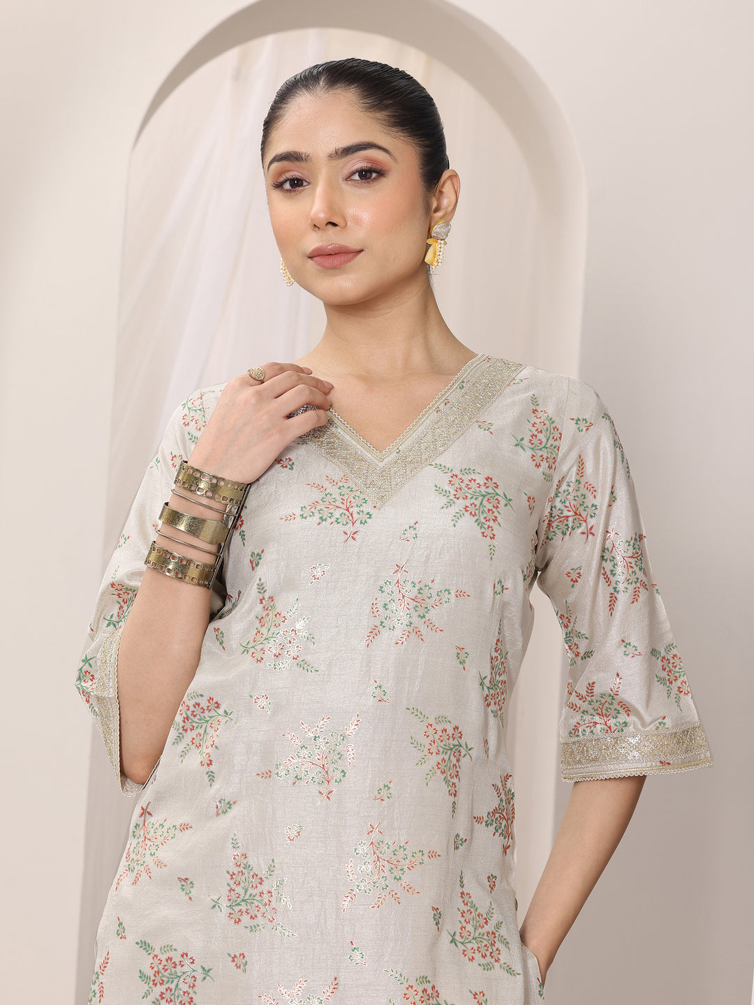 Grey Woven Design Silk Blend Straight Suit Set With Dupatta