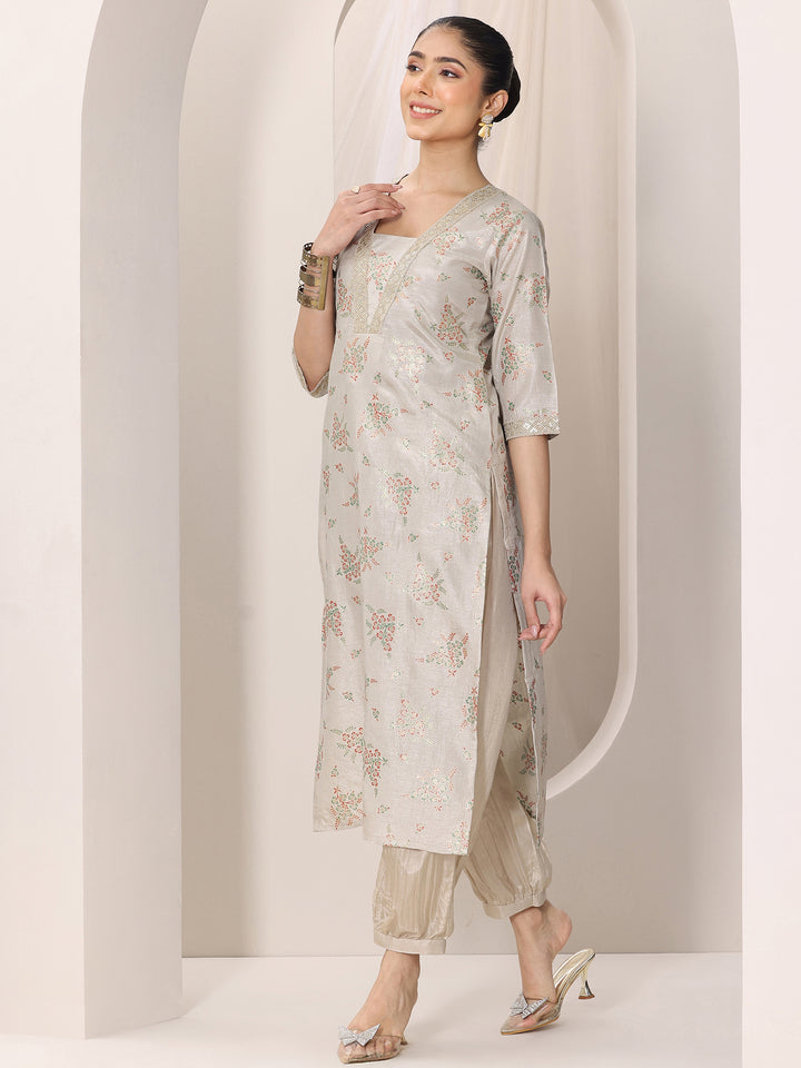 Grey Woven Design Silk Blend Straight Kurta Set