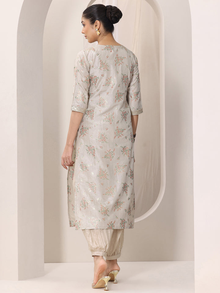 Grey Woven Design Silk Blend Straight Kurta Set