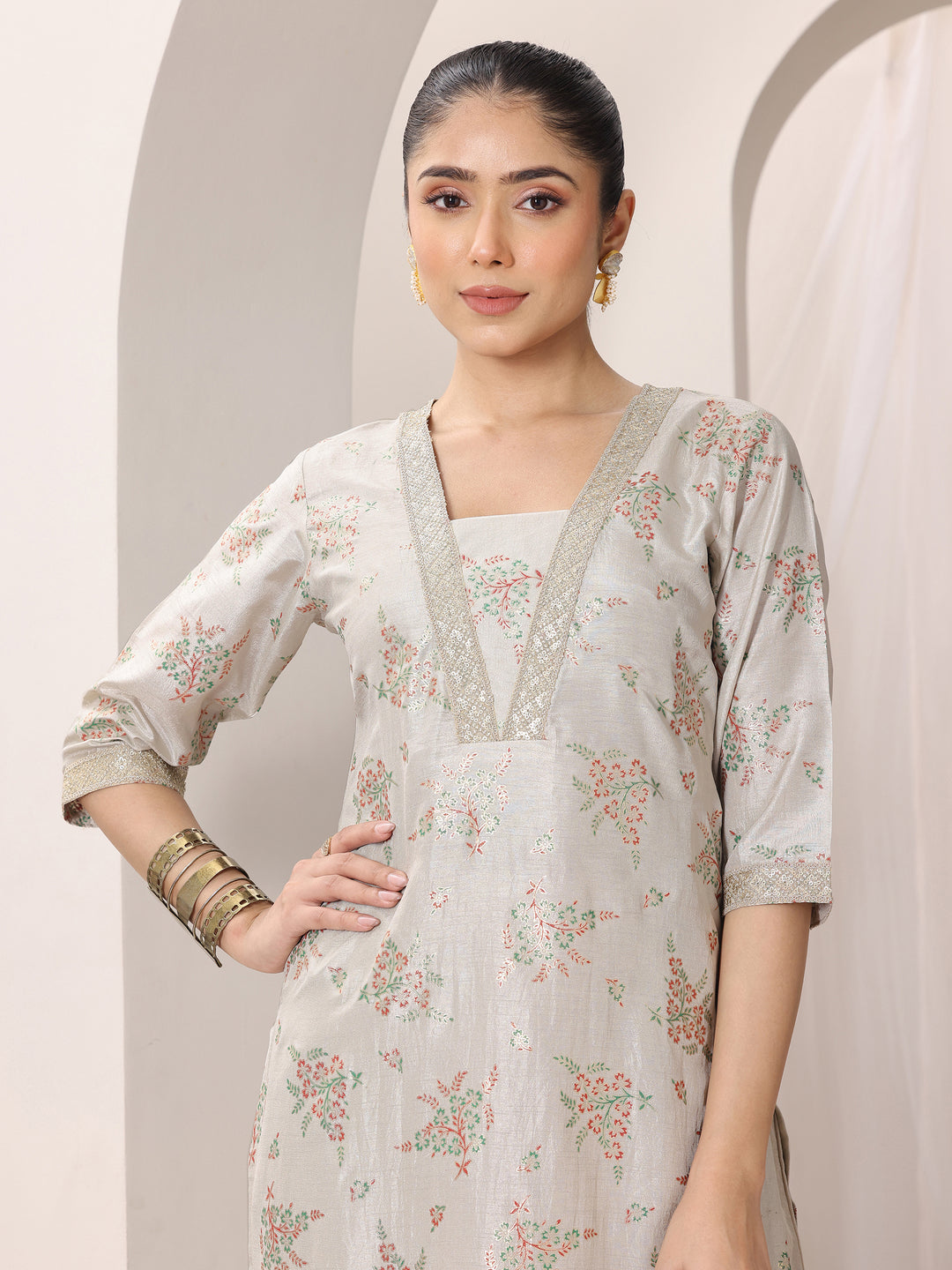 Grey Woven Design Silk Blend Straight Kurta Set