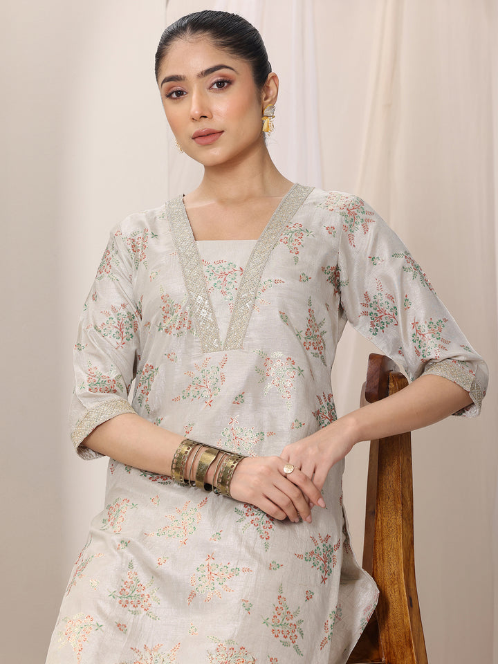 Grey Woven Design Silk Blend Straight Kurta Set
